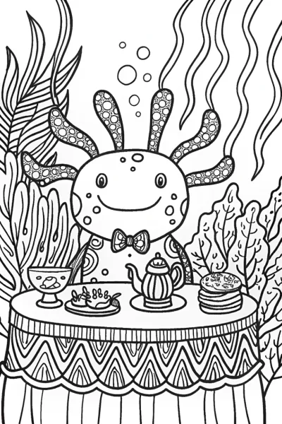The Axolotl Tea Time Adventure Coloring Page