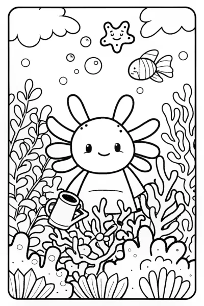 Axolotl Gardener in a Coral Oasis Coloring Page