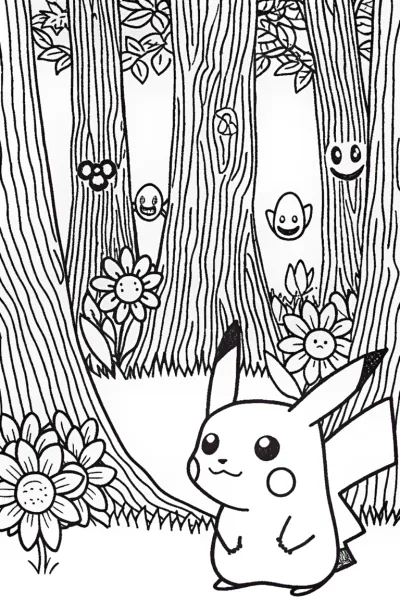 Pikachu’s Enchanted Forest Adventure Coloring Page
