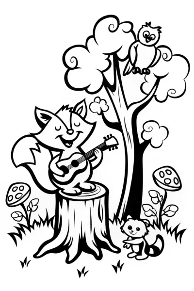 Friendly Fox and the Musical Forest Coloring Page