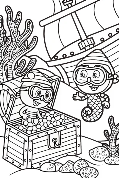 Bluey and Bingo’s Underwater Treasure Dive Coloring Page