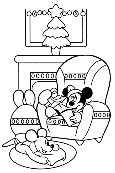Mickey Mouse Christmas Reading Coloring Page