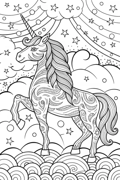 Starry Unicorn Dreamscape Coloring Page