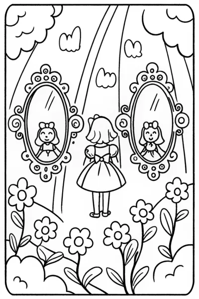 Alice’s Enchanted Mirror Garden Coloring Page