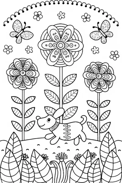 Puppy Adventure in the Garden Coloring Page