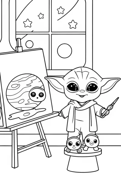Baby Yoda’s Galactic Art Studio Coloring Page