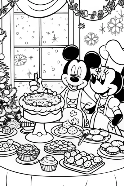 Mickey and Minnie Christmas Feast Coloring Page