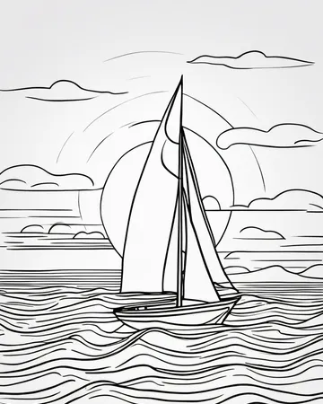 A coloring page of Sailboat in the ocean during sunrise
