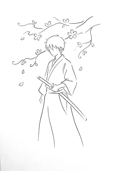 Samurai Cherry Blossom Garden Coloring Page