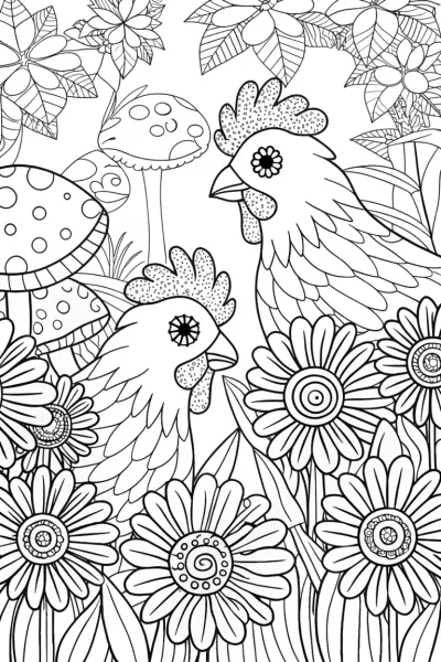 Chickens in the Enchanted Garden Coloring Page