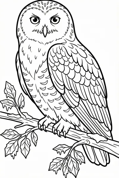 Snowy Owl Perched on a Branch with Frosty Leaves Coloring Page