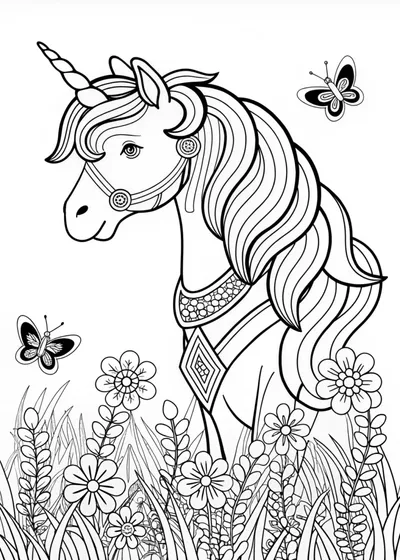 Magical Unicorn in Enchanted Meadow Coloring Page