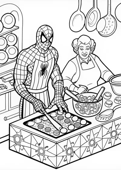 Spider-Man Cooking in the Kitchen Coloring Page