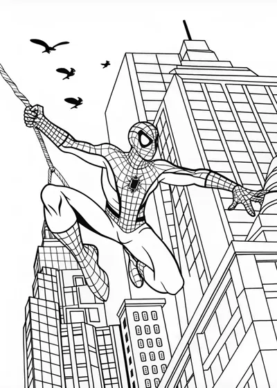 Spiderman swinging between skyscrapers