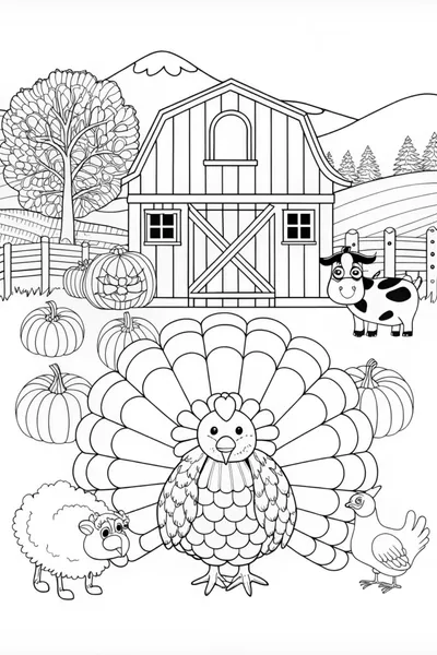 Thanksgiving Turkey at the Farm Coloring Page
