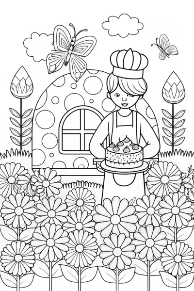 Butterfly Baker in a Flower Bakery Coloring Page
