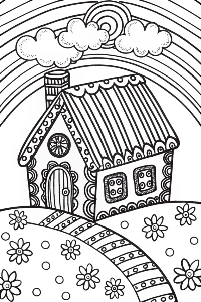 Gingerbread House Under the Rainbow Coloring Page
