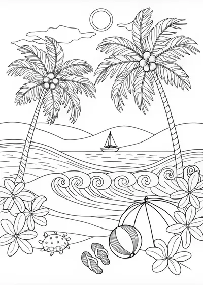 Tropical Beach Paradise Coloring Page