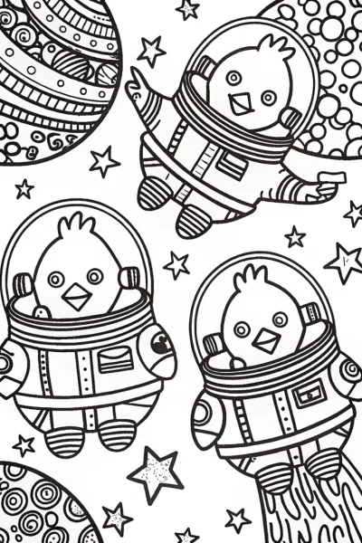 Chickens in Space Adventure Coloring Page