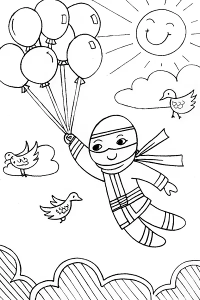 Ninja balloon flight fun coloring page