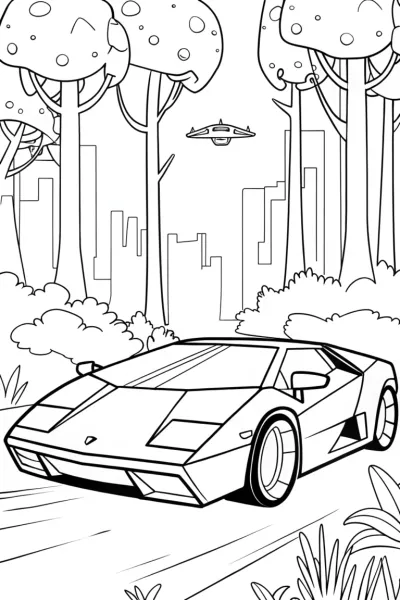 Lamborghini in a Cybernetic Forest Coloring Page