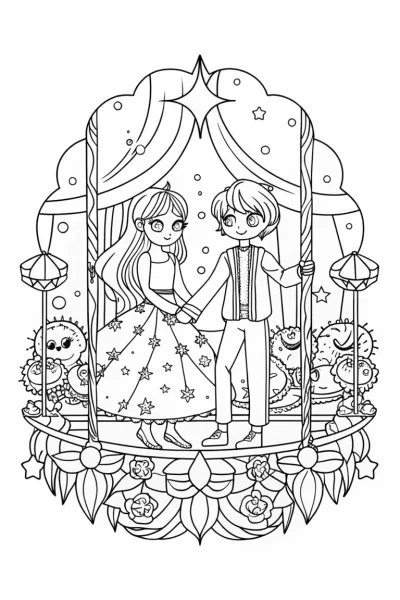 Celestial Garden Coloring Page with Magical Characters
