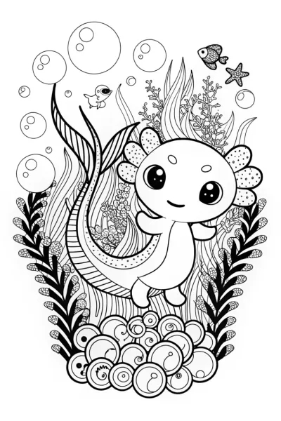 Axolotl’s Dreamy Bubble Adventure Coloring Page