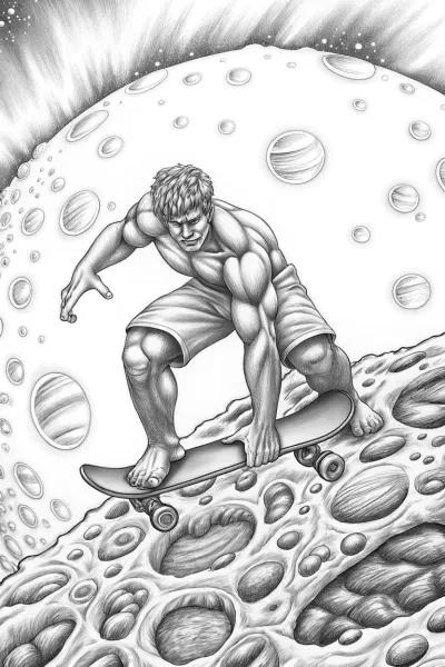 Hulk skateboarding on an asteroid