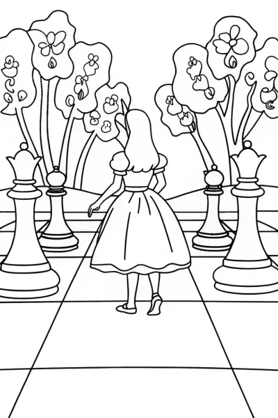 Alice on the Enchanted Chessboard Coloring Page