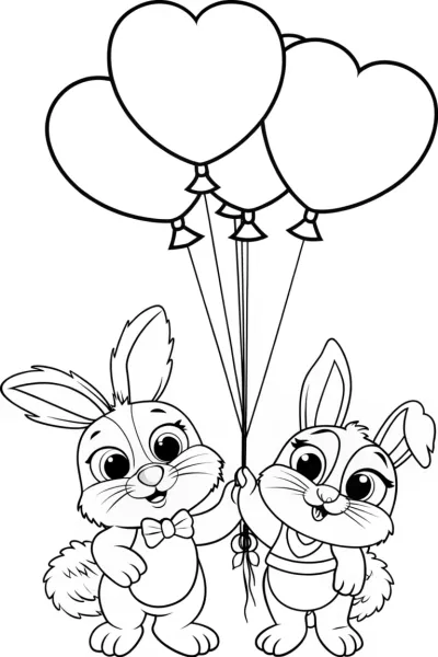 Rabbits holding a heart balloon
