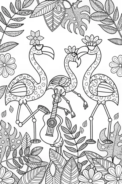 Flamingo Orchestra in the Jungle Coloring Page