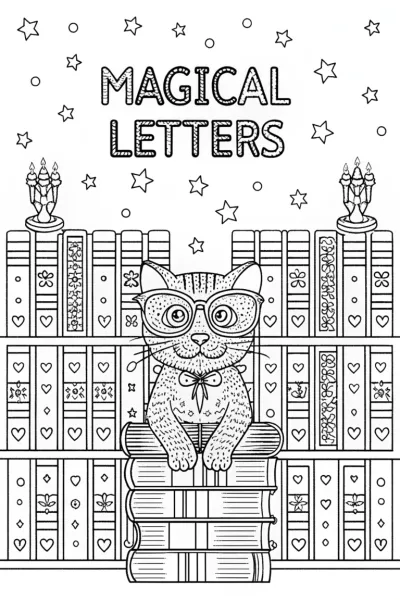 Cat in the Enchanted Library Coloring Page