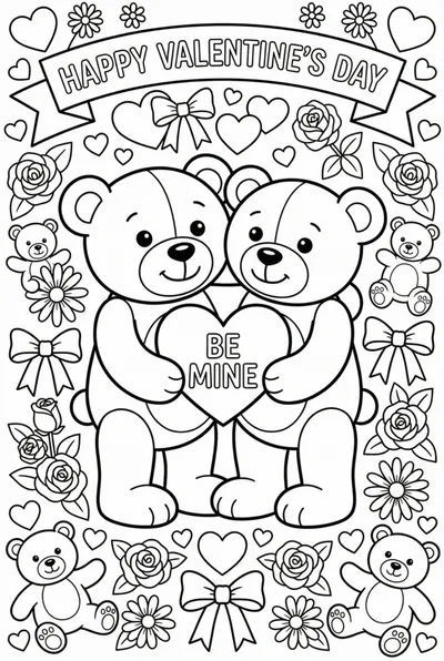Valentine’s Day Teddy Bears with Hearts and Flowers Coloring Page