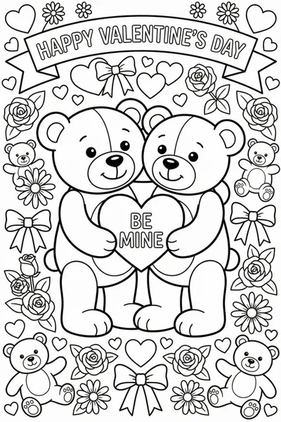 Valentine’s Day Teddy Bears with Hearts and Flowers Coloring Page