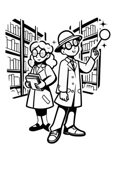 Anime Explorers in a Time-Traveling Library Coloring Page