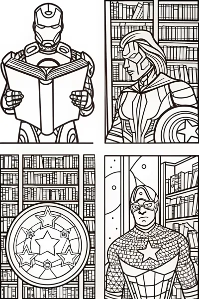 Avengers Assemble at the Cosmic Library Coloring Page