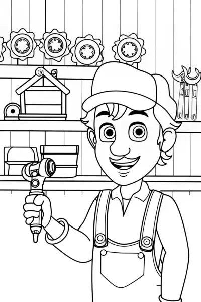 Luigi the Inventor in His Whimsical Workshop Coloring Page