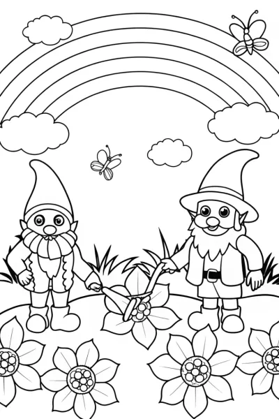 Rainbow Garden Gnomes Coloring Page
