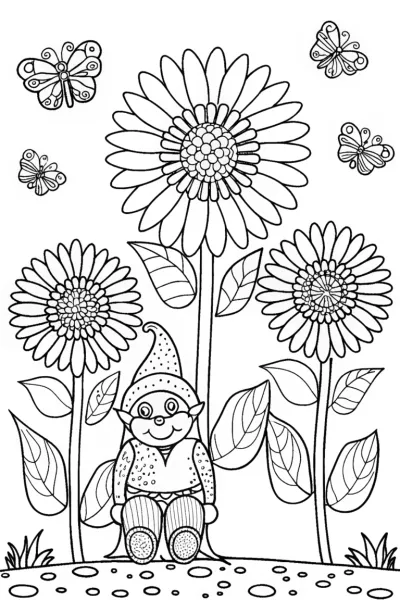 Gnome in the Flower Garden Coloring Page