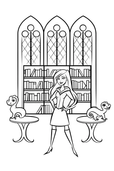 Barbie’s magical castle library coloring page