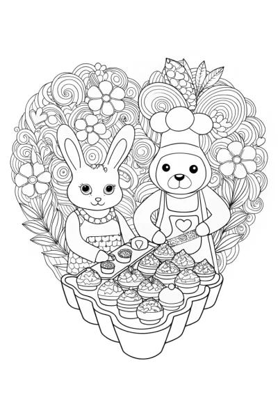 Heartfelt Bakery Coloring Page Featuring Bunny and Bear
