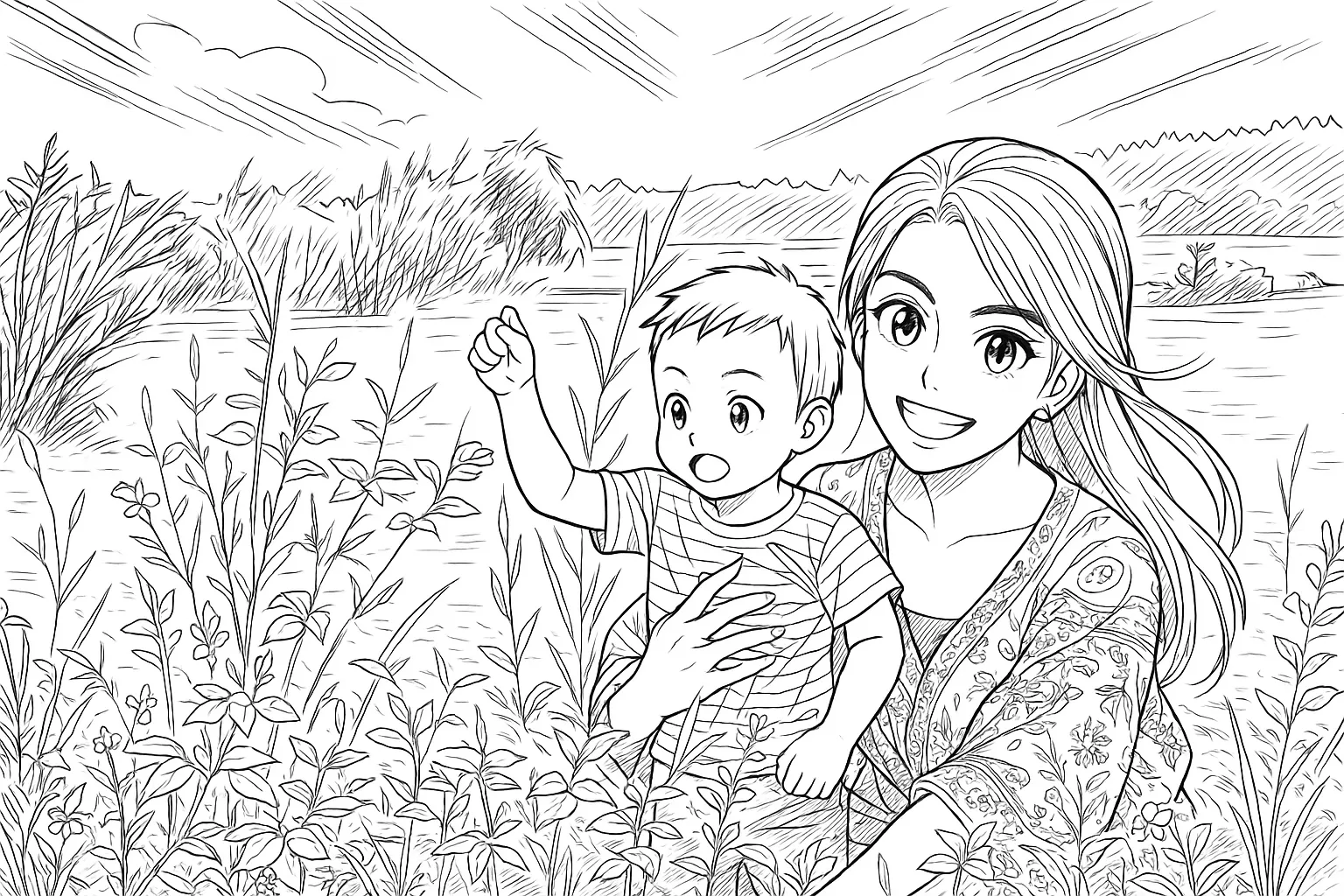 A whimsical cartoon-style coloring page of a woman hugging a boy