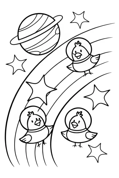 Chickens on a Cosmic Adventure Coloring Page