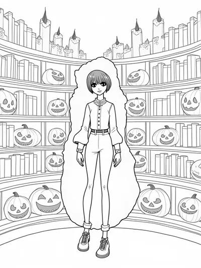 Wednesday Addams in a pumpkin library