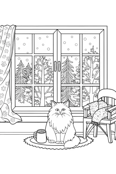 Cat’s Cozy Cabin Retreat Coloring Page
