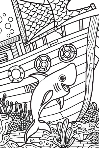 Shark Explorer in a Sunken Ship Coloring Page