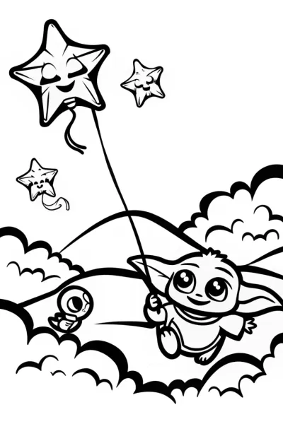 Baby Yoda’s Cosmic Kite Adventure Coloring Page