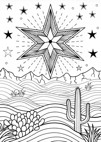 A coloring page of Desert Sun and Starry Night Coloring Page