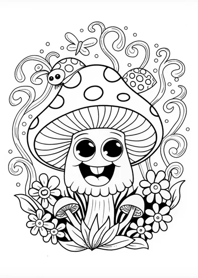A coloring page of Whimsical Mushroom Fantasy Coloring Page