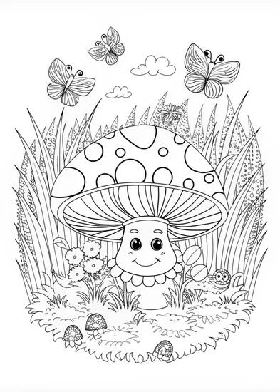 A coloring page of Happy Mushroom Coloring Page
